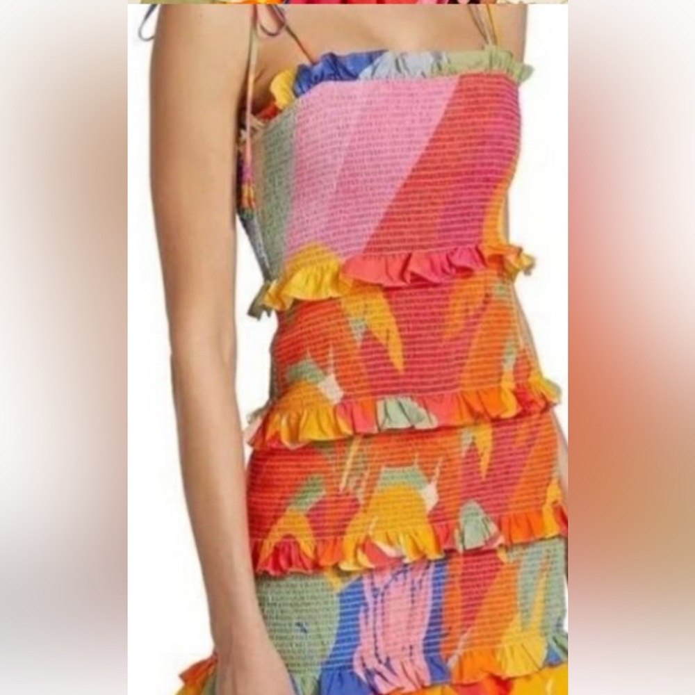 Farm Rio “Tropical Sunset” Smocked Ruffle Mini Dress Size L - Picture 8 of 8